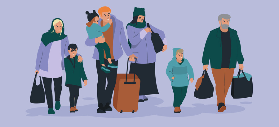 Illustration: en grupp människor med packade väskor