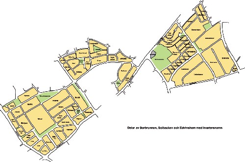 Karta med kvartersnamn inom Surbrunnen och Bellevue