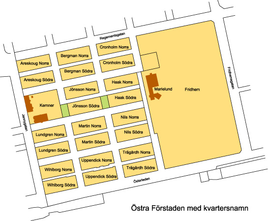 Karta med kvartersnamnen i Östra Förstaden